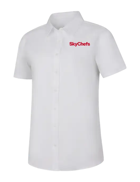 Womens White Short Sleeve Superpro React Twill Shirt w/Sky Chefs Logo