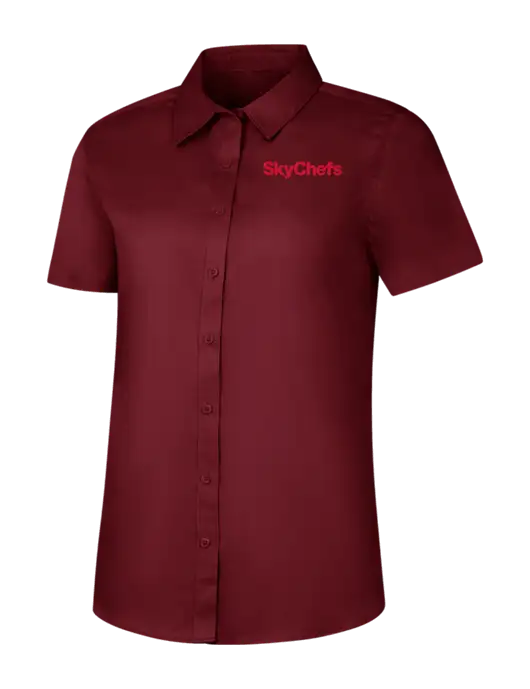 Womens Maroon Short Sleeve Superpro React Twill Shirt w/Sky Chefs Logo