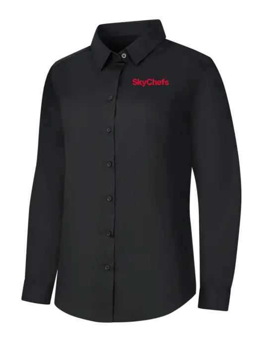 Womens Black Long Sleeve Carefree Poplin Shirt w/Sky Chefs Logo