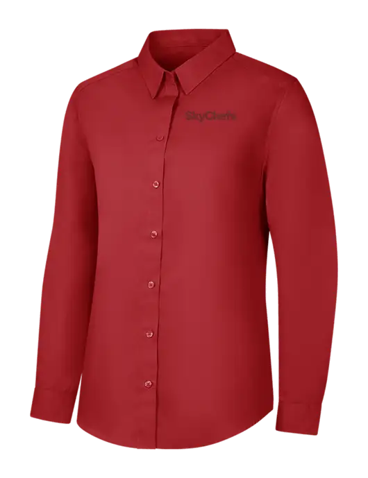 Womens Rich Red  Long Sleeve Carefree Poplin Shirt w/Sky Chefs Logo