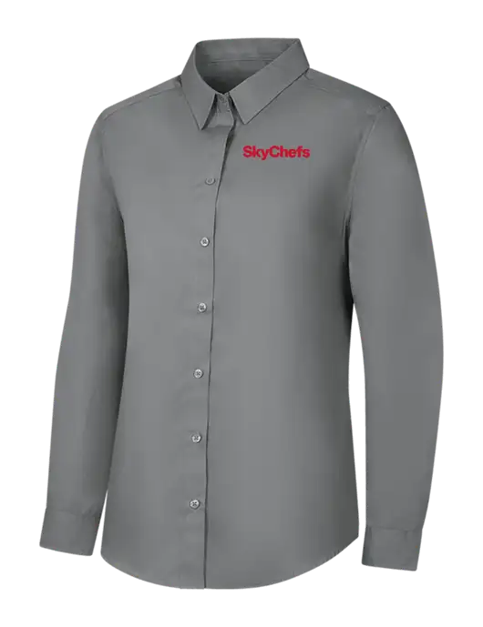 Womens Medium Grey Long Sleeve Carefree Poplin Shirt w/Sky Chefs Logo