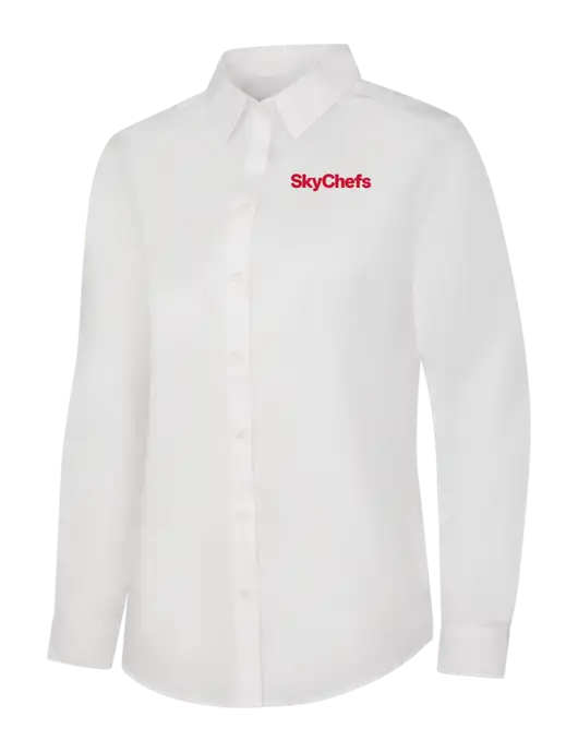 Womens White Long Sleeve Carefree Poplin Shirt w/Sky Chefs Logo