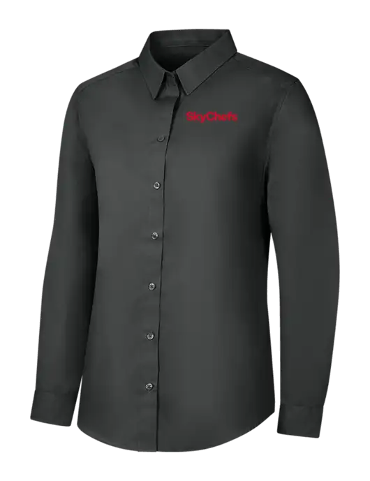 Womens Dark Grey Long Sleeve Carefree Poplin Shirt w/Sky Chefs Logo