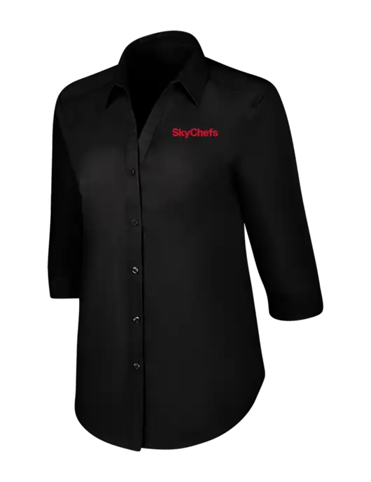 Womens Black 3/4 Sleeve Carefree Poplin Shirt w/Sky Chefs Logo