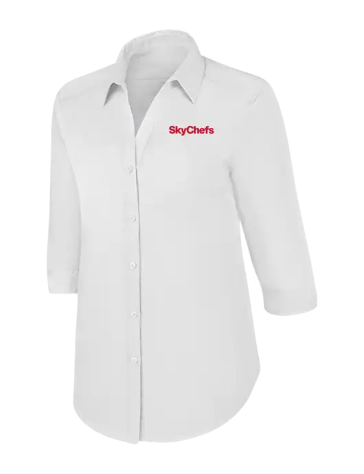 Womens White 3/4 Sleeve Carefree Poplin Shirt w/Sky Chefs Logo