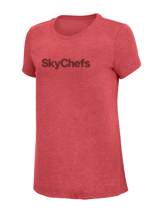 Womens Simply Soft Red Frost 4.5oz Poly/Combed Ring Spun Cotton T-Shirt w/Sky Chefs Logo