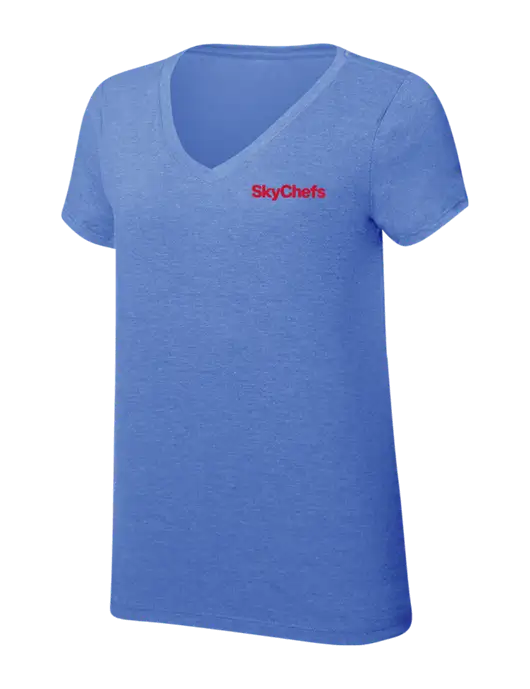 Womens Simply Soft V-Neck Royal Frost 4.5oz  Poly/Combed Ring Spun Cotton T-Shirt w/Sky Chefs Logo