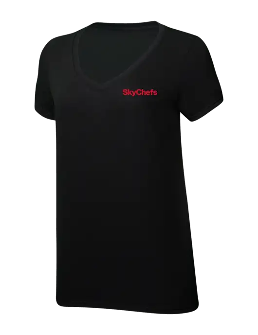 Womens Simply Soft V-Neck Black 4.5oz  Poly/Combed Ring Spun Cotton T-Shirt w/Sky Chefs Logo