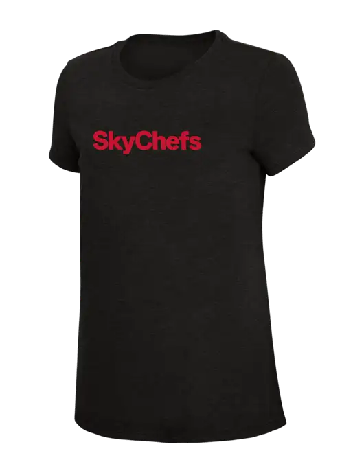 Womens Simply Soft Black 4.5oz Poly/Combed Ring Spun Cotton T-Shirt w/Sky Chefs Logo