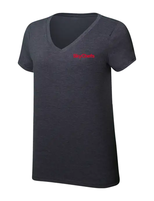 Womens Simply Soft V-Neck Heather Charcoal 4.5oz  Poly/Combed Ring Spun Cotton T-Shirt w/Sky Chefs Logo