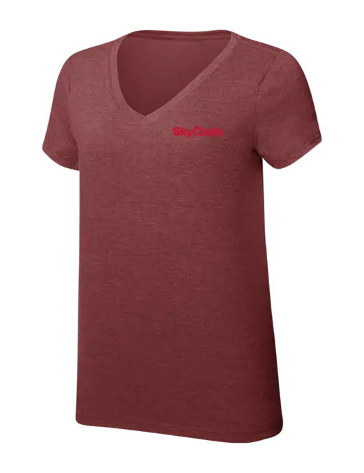 Womens Simply Soft V-Neck Maroon Frost 4.5oz  Poly/Combed Ring Spun Cotton T-Shirt w/Sky Chefs Logo
