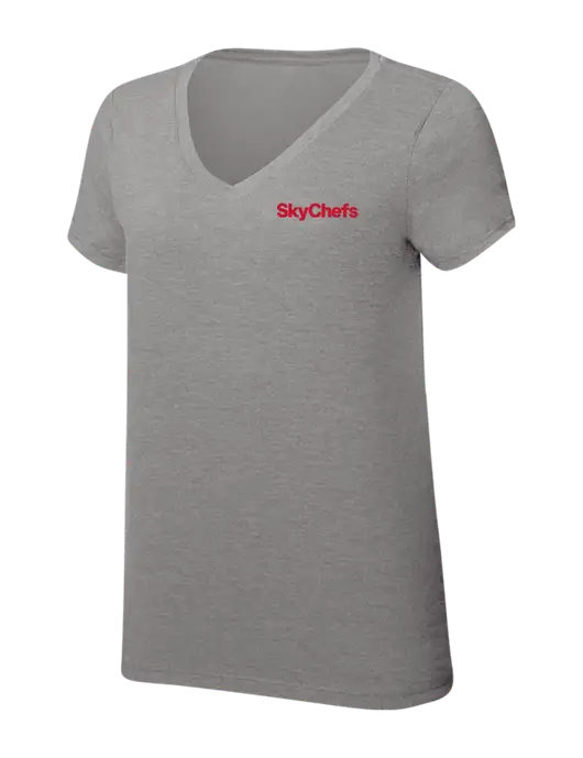 Womens Simply Soft V-Neck Grey Frost 4.5oz  Poly/Combed Ring Spun Cotton T-Shirt w/Sky Chefs Logo