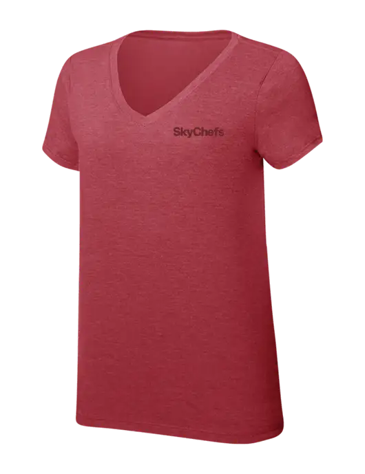 Womens Simply Soft V-Neck Red Frost 4.5oz  Poly/Combed Ring Spun Cotton T-Shirt w/Sky Chefs Logo