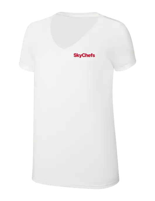 Womens Simply Soft V-Neck White 4.5oz  Poly/Combed Ring Spun Cotton T-Shirt w/Sky Chefs Logo