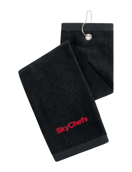 Black Tri-Fold Golf Towel with Grommet w/Sky Chefs Logo