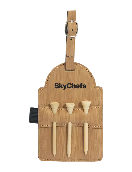 Bamboo Leatherette Golf Bag Tag with 3 Wooden Tees w/Sky Chefs Logo
