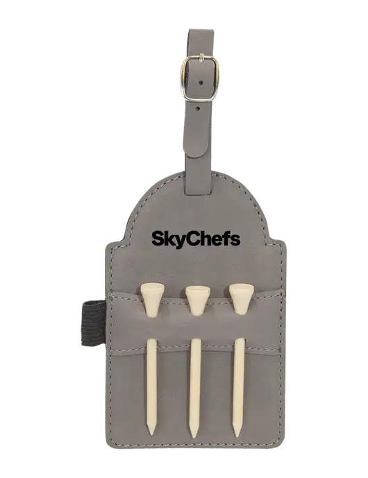 Grey Leatherette Golf Bag Tag with 3 Wooden Tees w/Sky Chefs Logo