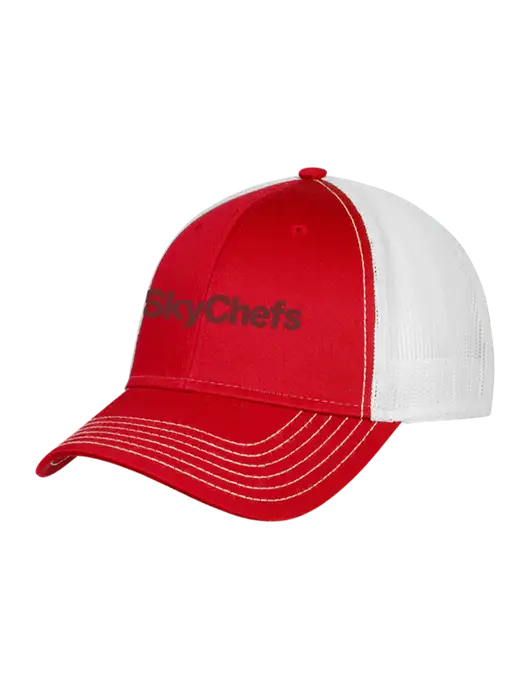 Red/White Mesh Trucker Cap Snap Back w/Sky Chefs Logo