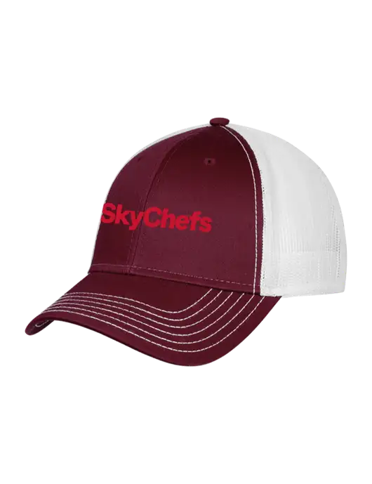 Maroon/Maroon/White Mesh Trucker Cap Snap Back w/Sky Chefs Logo