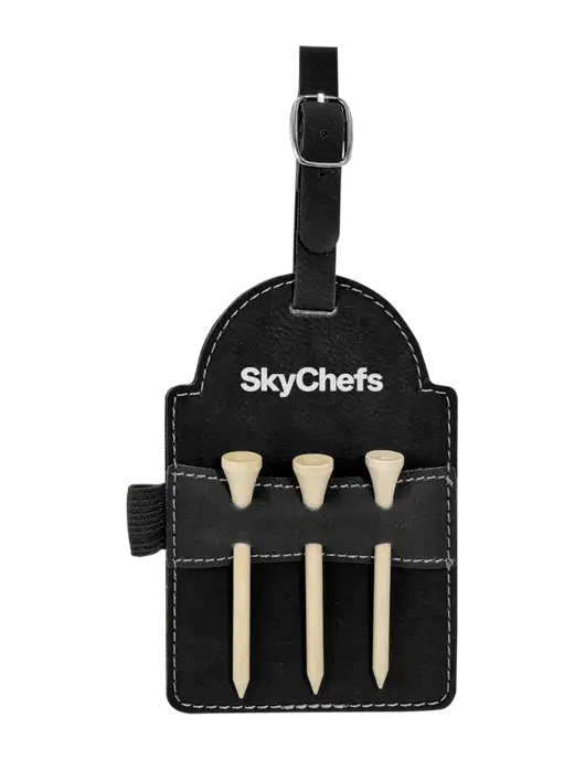 Black Leatherette Golf Bag Tag with 3 Wooden Tees w/Sky Chefs Logo