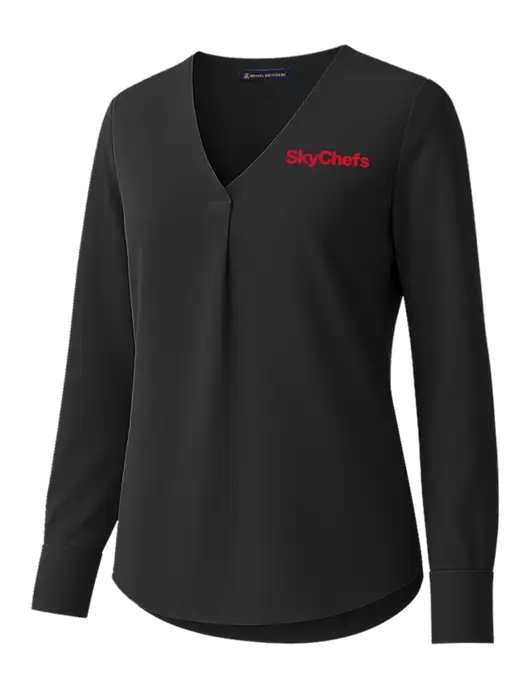 Brooks Brothers Womens Black Open-Neck Satin Blouse  w/Sky Chefs Logo