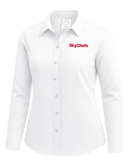 Brooks Brothers Womens White Wrinkle-Free Stretch Nailhead Shirt w/Sky Chefs Logo