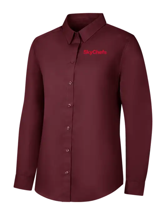 Womens Maroon Long Sleeve Carefree Poplin Shirt w/Sky Chefs Logo