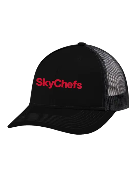 Snapback Ponytail Trucker Cap Black w/Black Mesh w/Sky Chefs Logo
