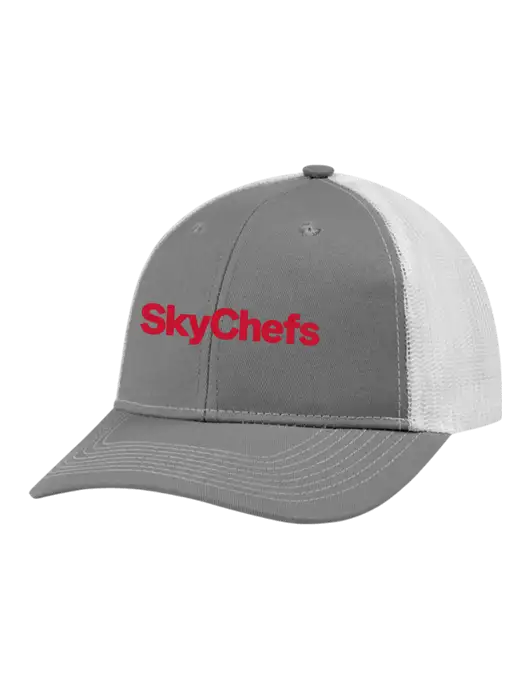 Snapback Ponytail Trucker Cap Light Medium Heather Grey w/White Mesh w/Sky Chefs Logo