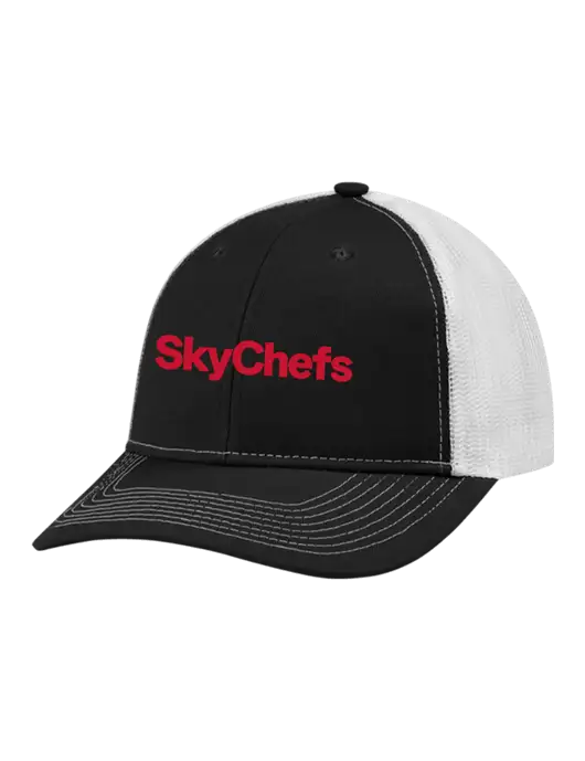 Snapback Ponytail Trucker Cap Black w/White Mesh w/Sky Chefs Logo