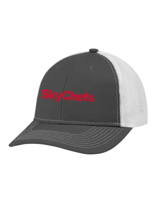 Snapback Ponytail Trucker Cap Dark Grey w/White Mesh w/Sky Chefs Logo