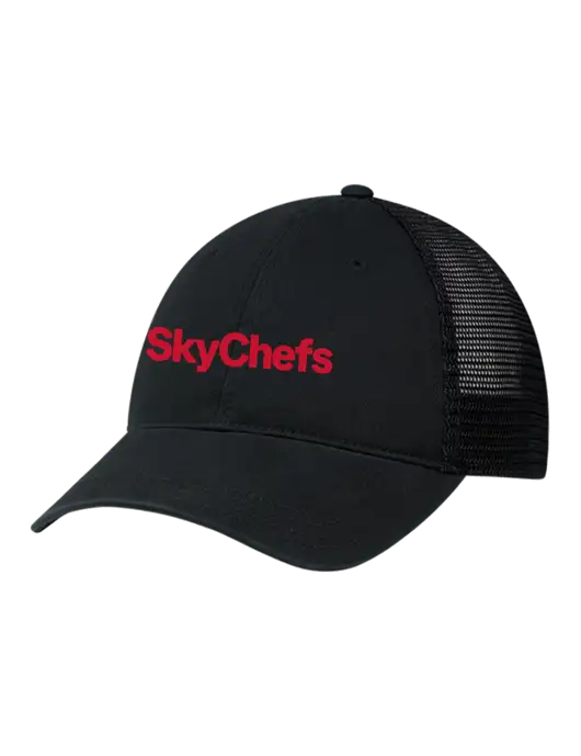 Richardson 111 Garment Washed Trucker Cap Black w/Black Mesh w/Sky Chefs Logo