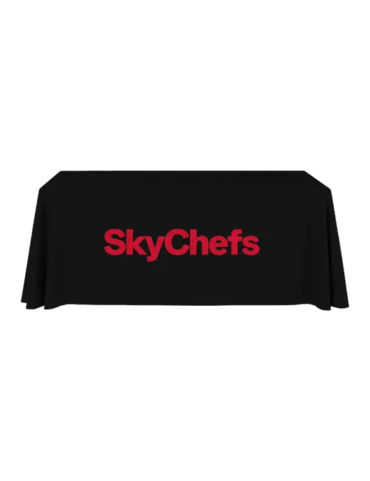 6' Stain-Resistant 4-Sided Black Table Cover w/Sky Chefs Logo
