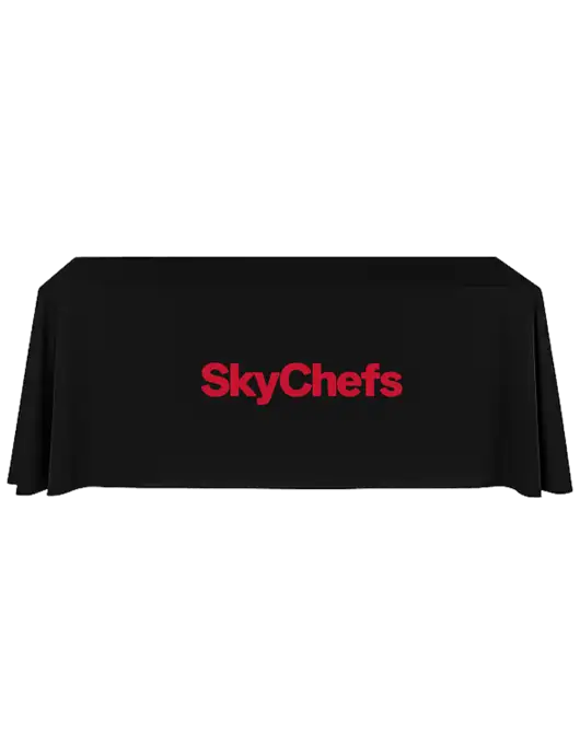 8' Stain-Resistant 4-Sided Black Table Cover w/Sky Chefs Logo