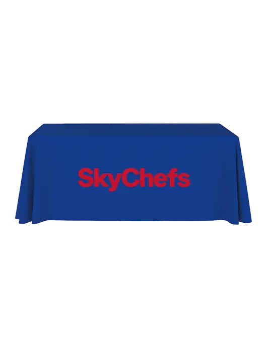 6' Stain-Resistant 4-Sided Dark Royal Table Cover w/Sky Chefs Logo