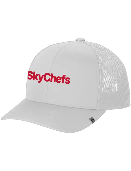TravisMathew White Cruz Trucker Cap w/Sky Chefs Logo
