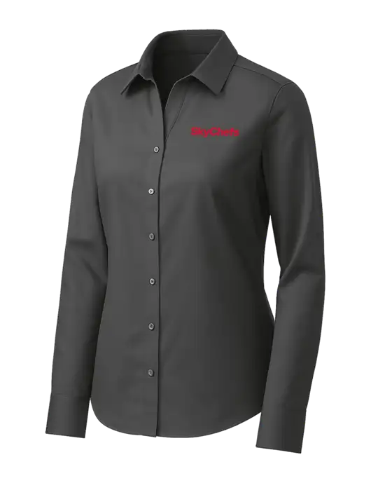 Brooks Brothers Womens Dark Grey Wrinkle-Free Stretch Pinpoint Shirt w/Sky Chefs Logo
